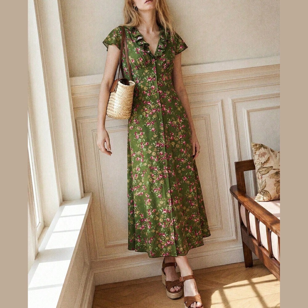 Olive Green Floral Print Ruffle Collar Button Front Maxi Dress